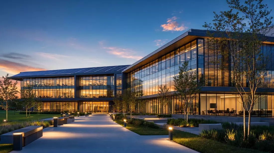 3D-Architekturrender eines modernen Energiemanagement-Gebäudes mit Glasfassade