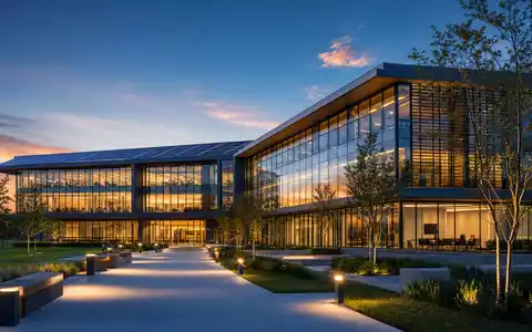 Architektur-Render visualisiert Landis+Gyr Group AG (CH0371153492) futuristisches Energiemanagement-Zentrum mit moderner Glasfassade und Solarpanelen - Foto: THN