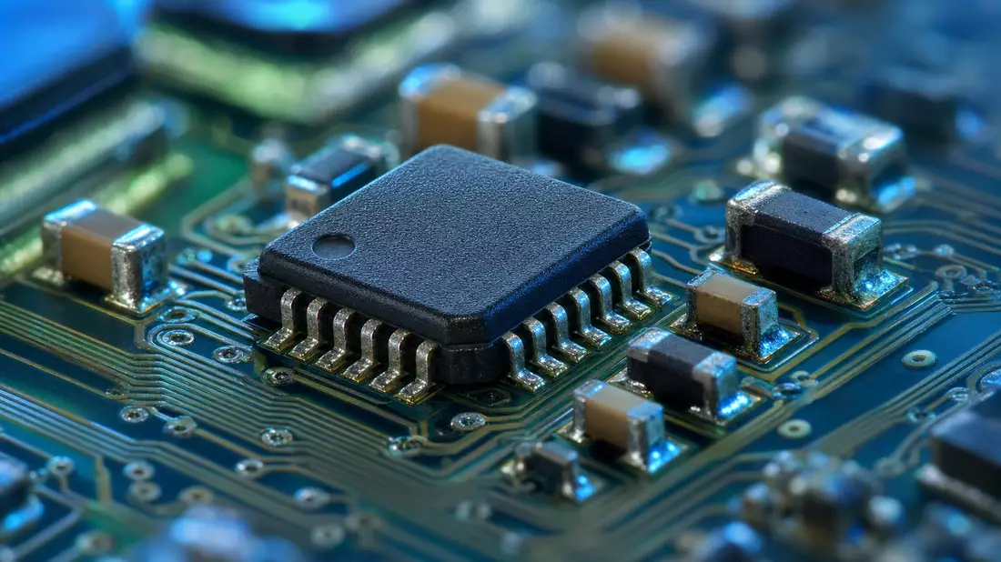 Makrofotografie einer elektronischen Leiterplatte mit feinen Schaltkreisen