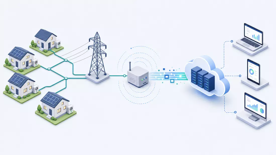 Isometrische 3D-Illustration einer Energie-Wertschöpfungskette mit Zähler, Netz und Cloud