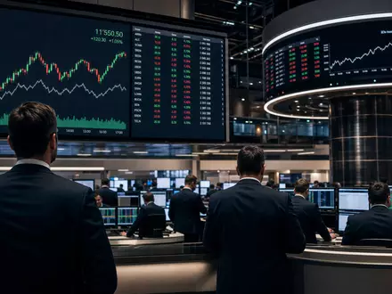 Börsen-Editorial zeigt Landis+Gyr Group AG (CH0371153492) Handelssaal der SIX Swiss Exchange mit Energie-Kurscharts - Foto: THN