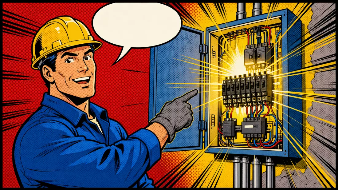 Bunte Pop-Art-Comic-Illustration eines Technikers an einer Energieanlage