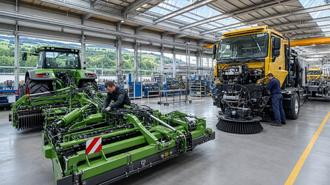 Fabrikhalle mit Landmaschinen- und Kommunalfahrzeug-Montage, Schweizer Maschinenbau