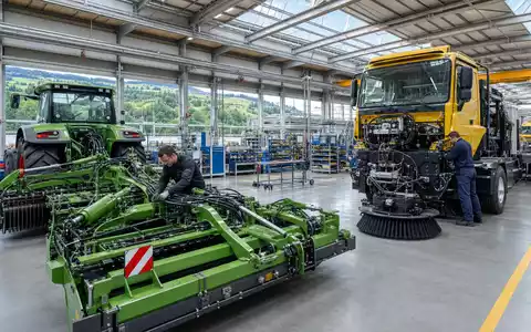 Fotorealistische Fabrikhalle zeigt Bucher Industries AG (CH0002432174) bei Landmaschinen- und Kommunalfahrzeug-Montage in der Schweiz - Foto: THN