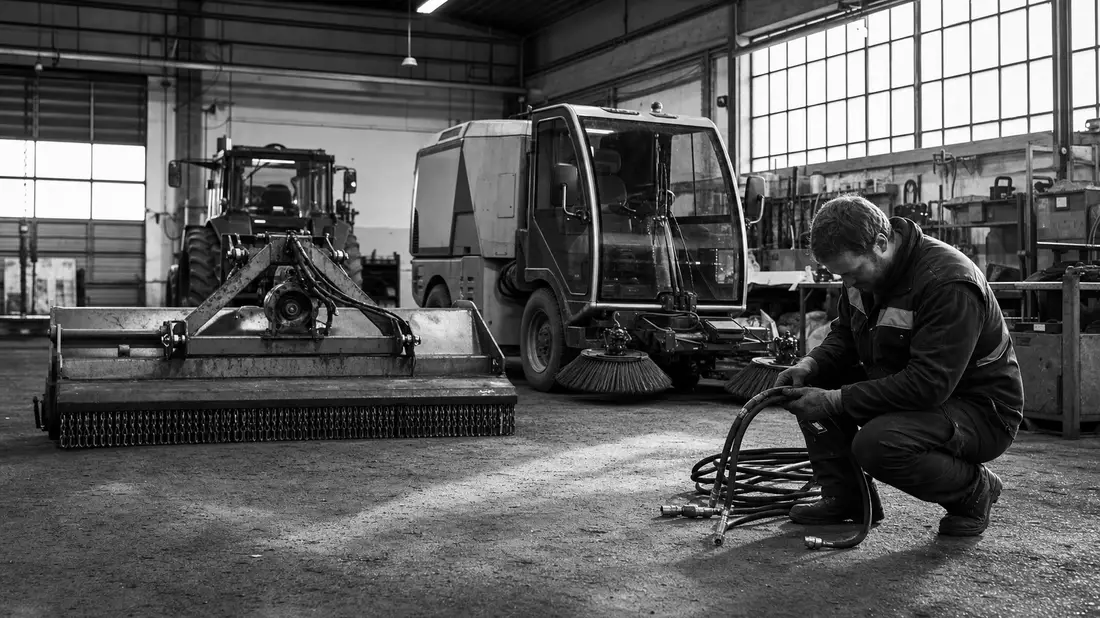 Schwarzweiss-Reportagefoto einer Werkshalle mit Landtechnik und Kommunalfahrzeugen