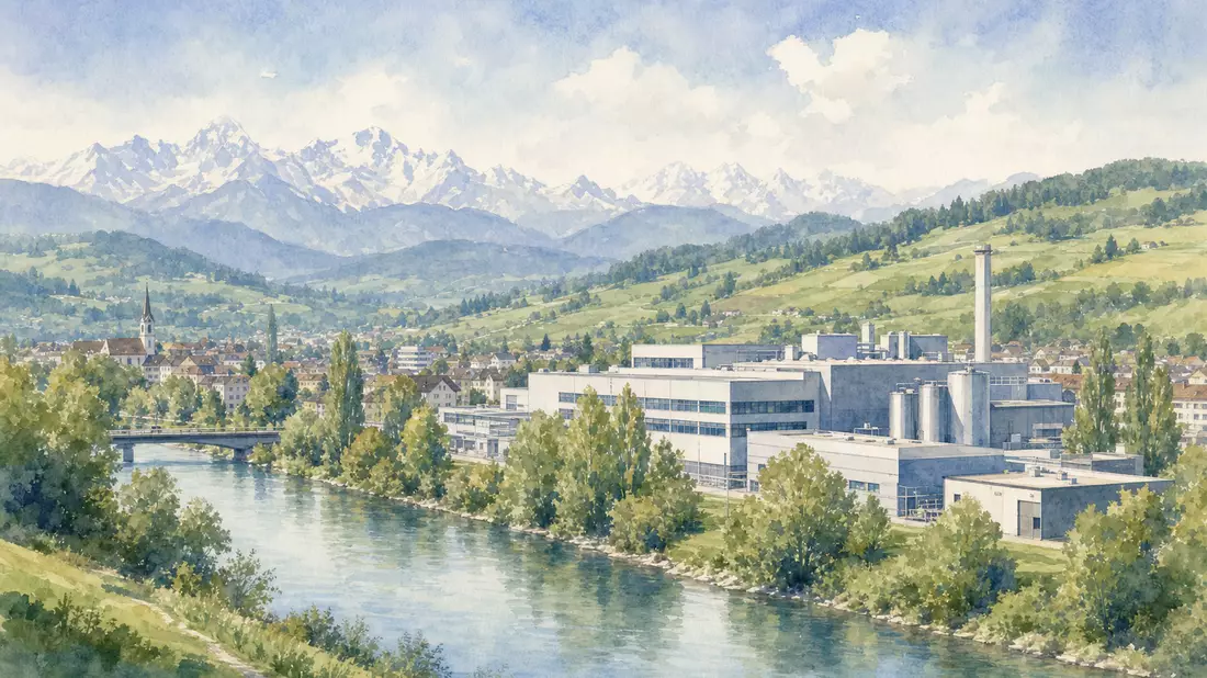 Aquarellbild eines Schweizer Industriestandorts mit Fabrik und Alpenpanorama