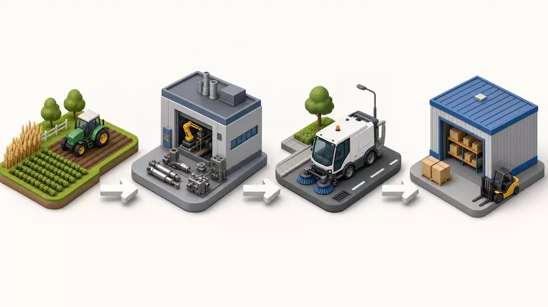 Isometrische Illustration einer Wertschöpfungskette von Landtechnik bis Kommunalfahrzeugen
