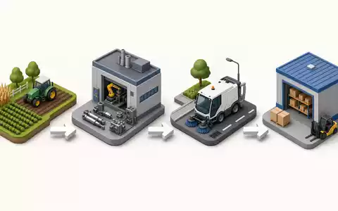 Isometrische 3D-Grafik erklärt Wertschöpfungskette von Landtechnik bis Kommunalfahrzeuge bei Bucher Industries AG (CH0002432174) - Foto: THN