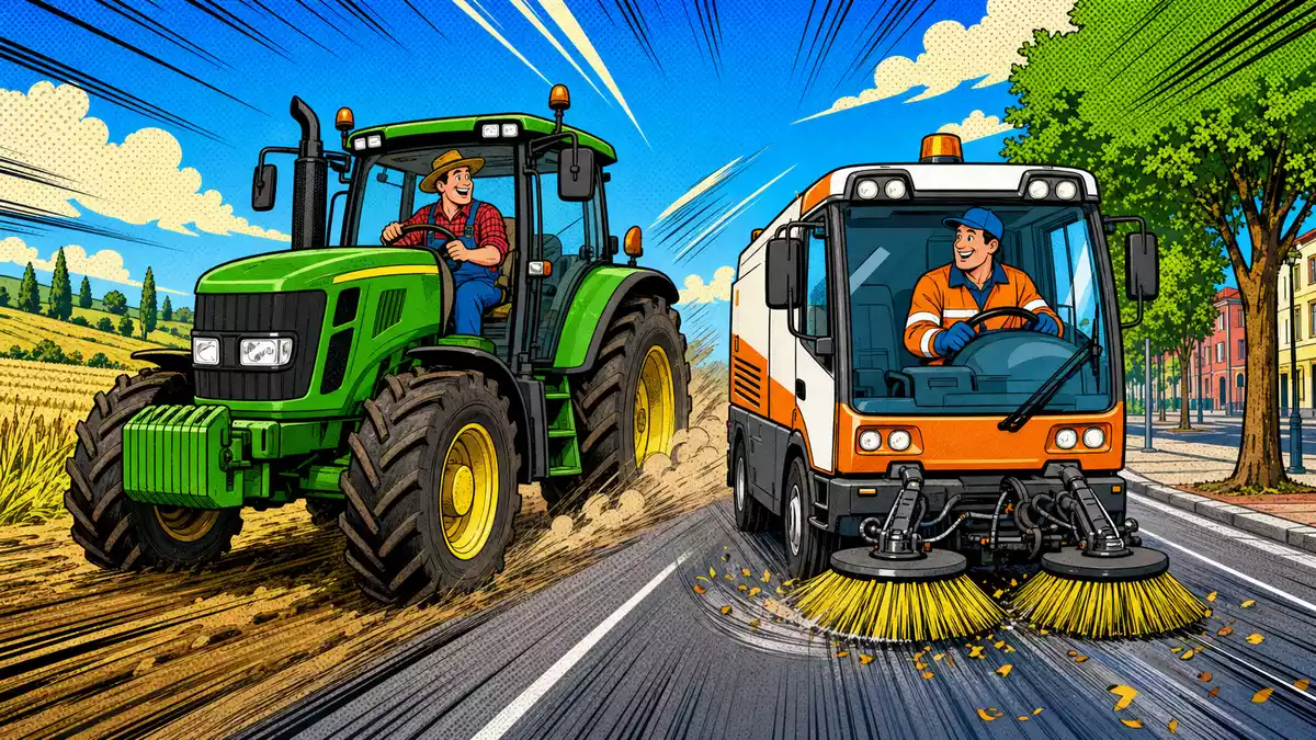 Pop-Art-Comic mit stilisiertem Traktor und Kommunalfahrzeug in bunten Farben