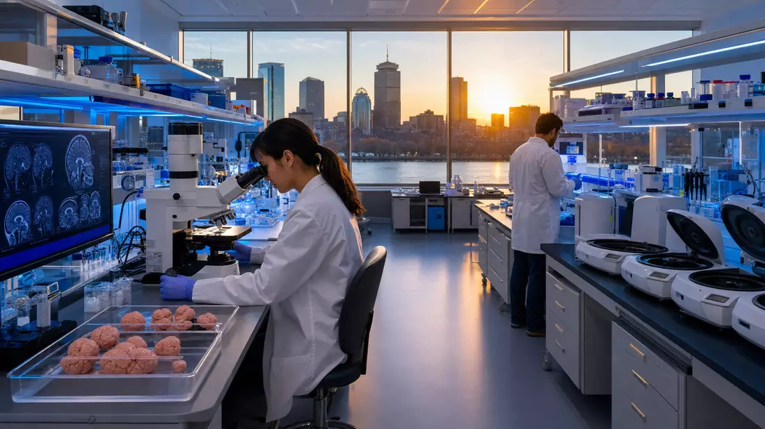Fotorealistisches Biotech-Labor in Cambridge MA mit Forscherin am Mikroskop und Blick auf den Charles River