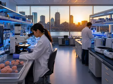 Biogen Inc. Neurowissenschaftslabor in Cambridge MA zeigt Forscherin bei Gehirngewebeanalyse unter Mikroskop ISIN US09062X1037 - Foto: THN