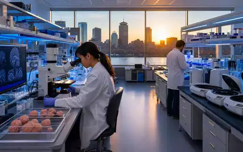Biogen Inc. Neurowissenschaftslabor in Cambridge MA zeigt Forscherin bei Gehirngewebeanalyse unter Mikroskop ISIN US09062X1037 - Foto: THN