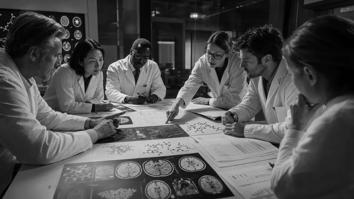 Schwarzweiß-Reportage: Sechs Wissenschaftler diskutieren Gehirnscans und Moleküldiagramme am Tisch