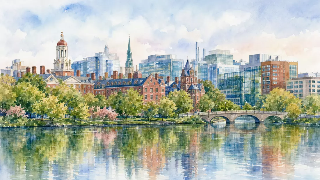 Aquarell-Panorama der Skyline von Cambridge MA mit Universitäts- und Biotech-Gebäuden am Fluss