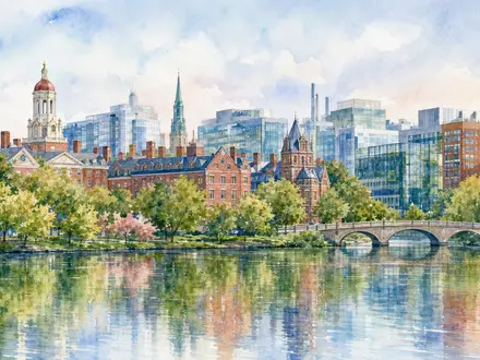 Biogen Inc. Heimatstadt Cambridge Massachusetts am Charles River in zarter Aquarell-Illustration ISIN US09062X1037 - Foto: THN