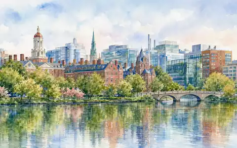 Biogen Inc. Heimatstadt Cambridge Massachusetts am Charles River in zarter Aquarell-Illustration ISIN US09062X1037 - Foto: THN