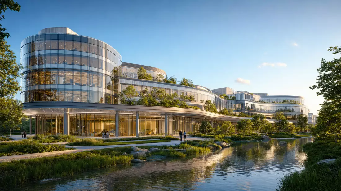 Architektur-Render eines modernen Biotech-Campus mit geschwungener Glasfassade und Wasserelement