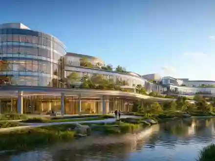 Biogen Inc. modernes Biotech-Hauptquartier als futuristisches gläsernes Architektur-Render mit Grünanlagen ISIN US09062X1037 - Foto: THN