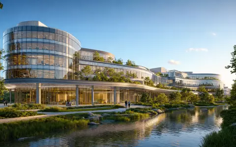 Biogen Inc. modernes Biotech-Hauptquartier als futuristisches gläsernes Architektur-Render mit Grünanlagen ISIN US09062X1037 - Foto: THN