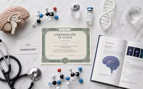 Biogen Inc. Flatlay mit Aktienzertifikat ISIN US09062X1037 Gehirnmodell Molekülstruktur DNA-Helix und Forschungsobjekten - Foto: THN