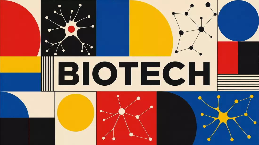 Bauhaus-Poster in Primärfarben mit BIOTECH-Schriftzug und geometrischen Neuronen-Illustrationen