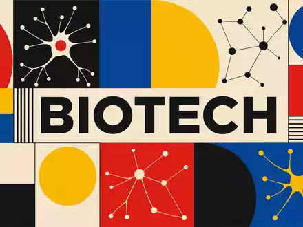 Biogen Inc. geometrisches Bauhaus-Poster mit BIOTECH-Sektor-Text abstrakten Neuronen-Motiven auf Rastergitter ISIN US09062X1037 - Foto: THN