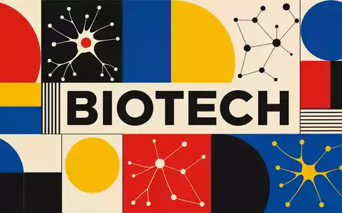 Biogen Inc. geometrisches Bauhaus-Poster mit BIOTECH-Sektor-Text abstrakten Neuronen-Motiven auf Rastergitter ISIN US09062X1037 - Foto: THN