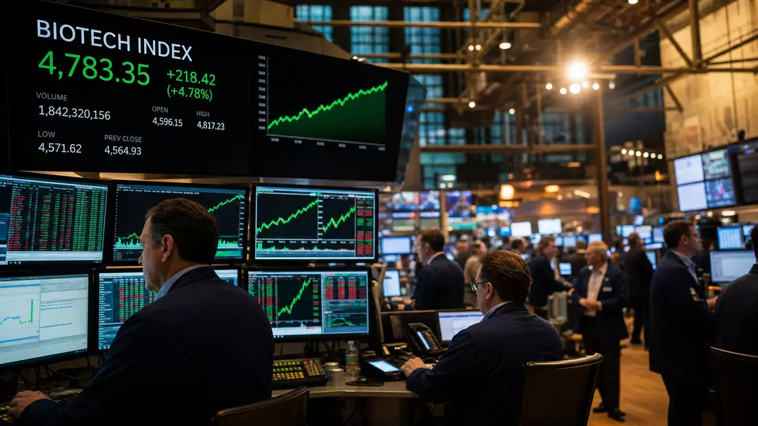 NASDAQ-Handelsfloor mit grünem BIOTECH INDEX-Anzeigetafel und Händlern an Bildschirmen