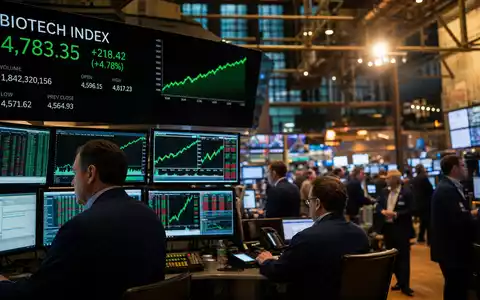 Biogen Inc. Biotech-Aktie an der NASDAQ mit steigendem Kursindex im Handelsaal ISIN US09062X1037 - Foto: THN
