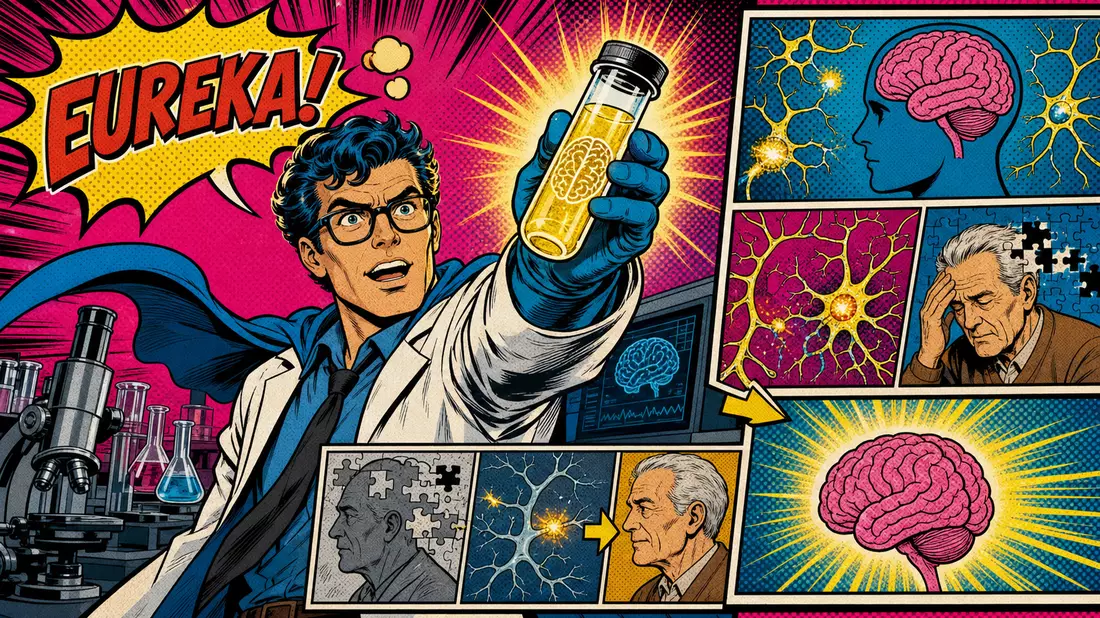 Pop-Art-Comic: Wissenschaftler-Superheld mit leuchtender Alzheimer-Therapie-Ampulle und EUREKA-Ausruf