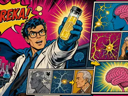 Biogen Inc. Pop-Art-Comic zeigt Wissenschaftler-Held der triumphierend eine Alzheimer-Therapie entdeckt ISIN US09062X1037 - Foto: THN