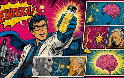Biogen Inc. Pop-Art-Comic zeigt Wissenschaftler-Held der triumphierend eine Alzheimer-Therapie entdeckt ISIN US09062X1037 - Foto: THN