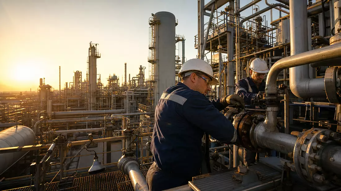 Bilfinger-Techniker in Schutzausrüstung bei der Rohrleitungswartung in einer Raffinerie