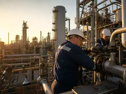 Bilfinger SE (DE0005201602) Techniker warten Rohrleitungen in einer petrochemischen Industrieanlage bei Sonnenuntergang - Foto: THN
