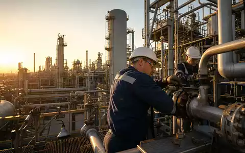 Bilfinger SE (DE0005201602) Techniker warten Rohrleitungen in einer petrochemischen Industrieanlage bei Sonnenuntergang - Foto: THN