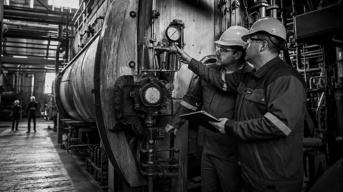 Schwarzweiß-Reportage: Bilfinger-Ingenieure inspizieren industrielle Kesselanlage