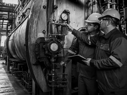 Bilfinger SE (DE0005201602) Ingenieure prüfen Kesselanlagen in einer dokumentarischen Schwarz Weiss Reportage aus der Industrie - Foto: THN