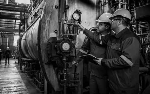 Bilfinger SE (DE0005201602) Ingenieure prüfen Kesselanlagen in einer dokumentarischen Schwarz Weiss Reportage aus der Industrie - Foto: THN