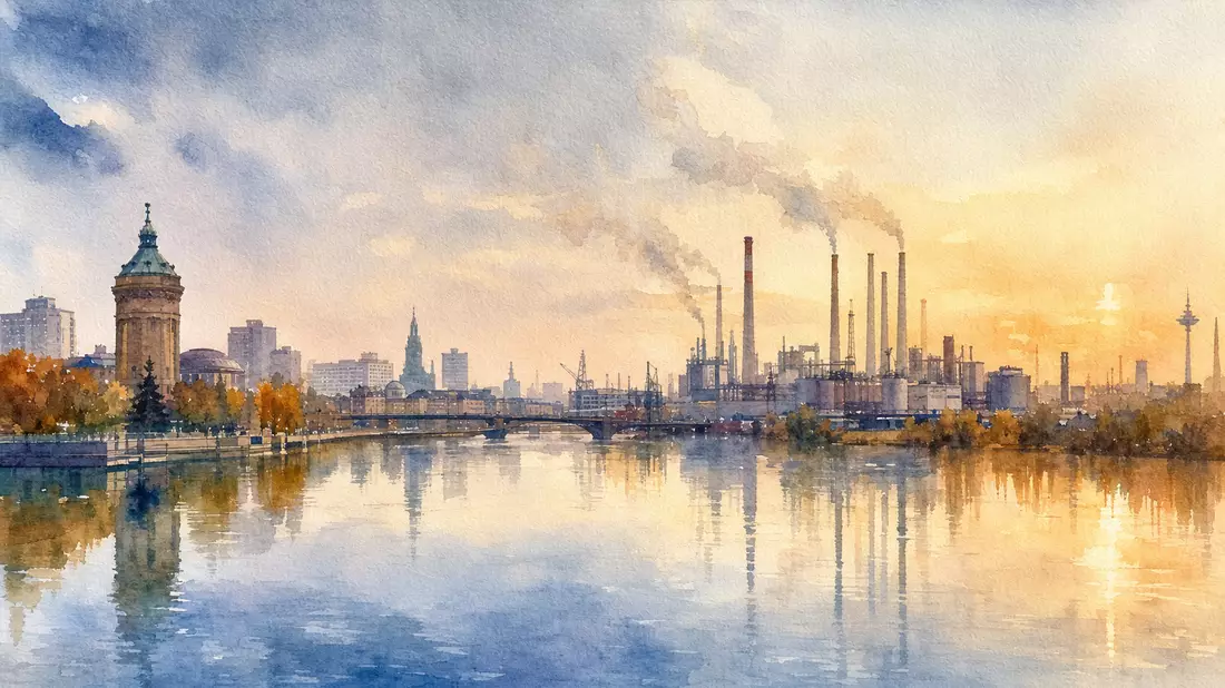 Aquarellmalerei: Mannheimer Stadtpanorama mit Industrieanlagen und Rheinspiegelung