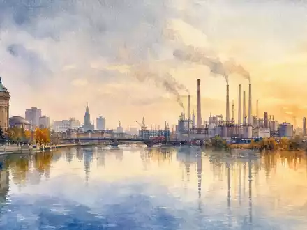 Bilfinger SE (DE0005201602) zeigt ein Aquarell Panorama der Mannheimer Skyline mit Industrieanlagen am Rheinufer - Foto: THN