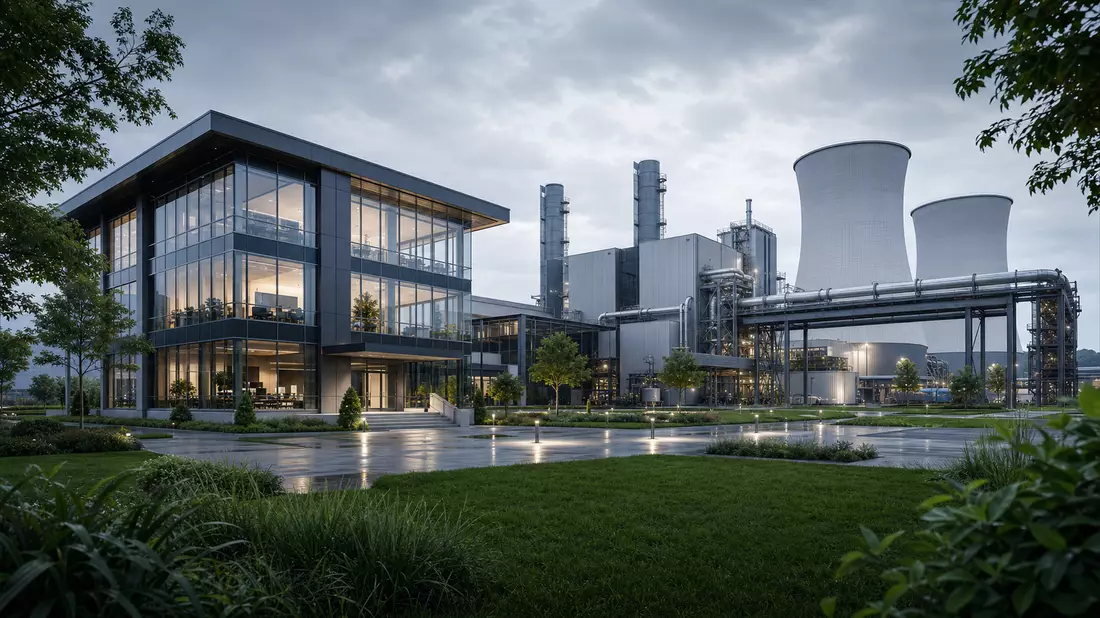 CGI-Render: modernes Industriedienstleister-Hauptquartier neben Industrieanlage mit Kühltürmen