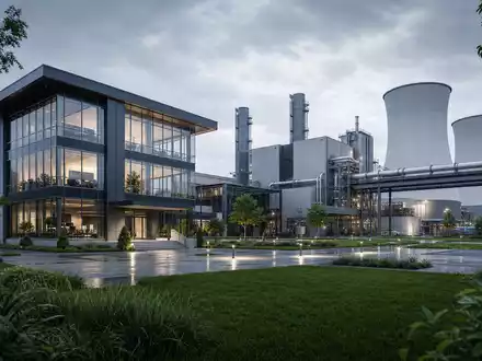 Bilfinger SE (DE0005201602) Architektur Render einer modernen Industriedienstleister Zentrale mit angrenzender Produktionsanlage und Kühltürmen - Foto: THN