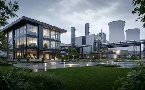Bilfinger SE (DE0005201602) Architektur Render einer modernen Industriedienstleister Zentrale mit angrenzender Produktionsanlage und Kühltürmen - Foto: THN