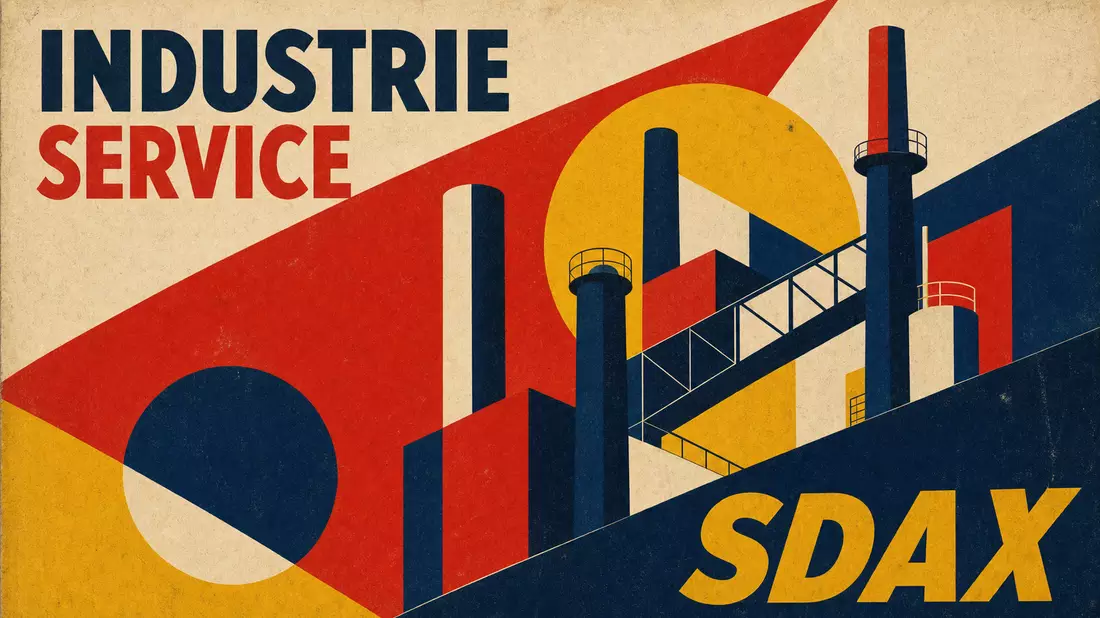 Bauhaus-Poster: geometrische Industrieformen in Primärfarben mit Aufschrift INDUSTRIE SERVICE und SDAX