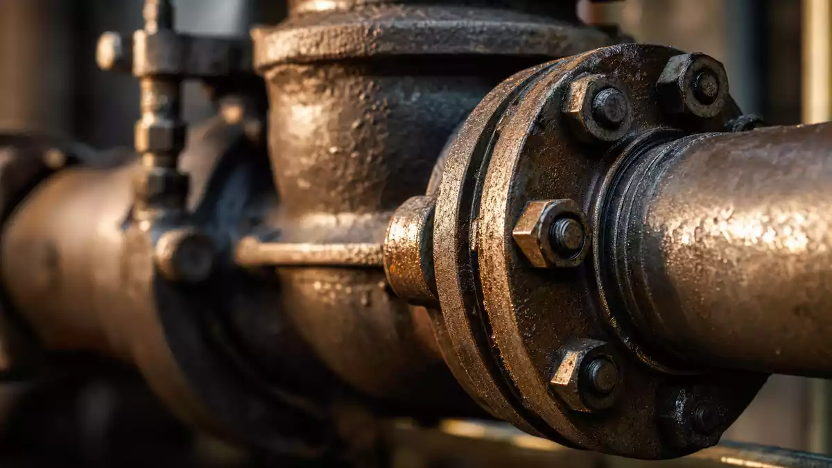 Makrofotografie: Stahlrohrabsperrventil mit Flansch, Rostpatina und Bolzendetails