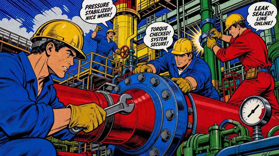 Pop-Art-Comic: Industriemonteure in Helmen reparieren Rohrleitung in bunter Retro-Comic-Optik