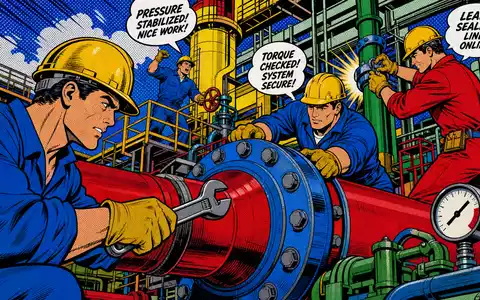 Bilfinger SE (DE0005201602) Pop Art Comic zeigt Industriemonteure beim Reparieren von Rohrleitungen in einer Fabrikanlage - Foto: THN