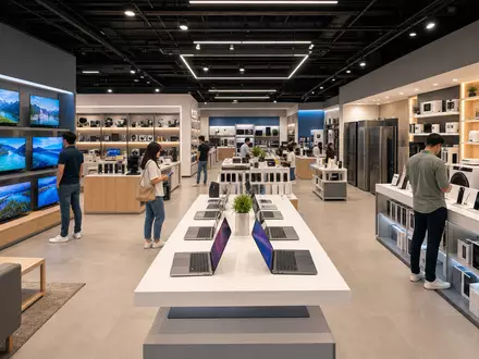 Best Buy Co. Inc. zeigt hellen modernen Elektronikhändler-Innenraum mit Displays, ISIN US0865161014 - Foto: THN