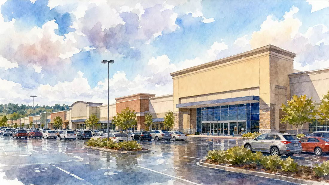 Aquarell-Illustration eines großen Einkaufszentrums mit Parkplatz in suburbanem Umfeld