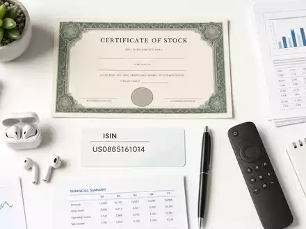 Best Buy Co. Inc. Flatlay mit Aktienzertifikat, ISIN-Karte US0865161014 und branchentypischen Elektronik-Utensilien - Foto: THN